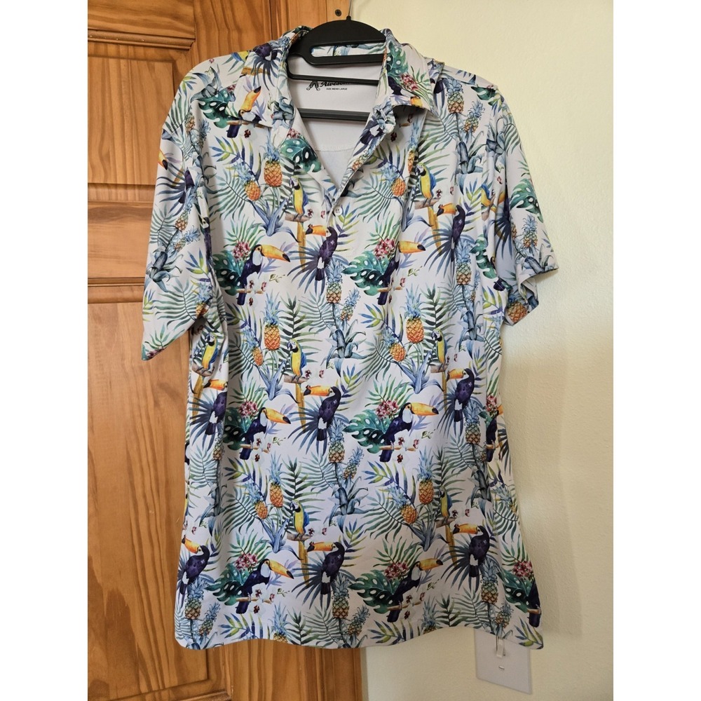 Royal & Awesome Polo Golf Shirt Toucan Parrot Mens Size L Floral Tropical Print